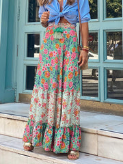 Inrosy longue jupe géométrique imprimé à fleurie à volantée fluide coulisse taille femme bohème décontracté