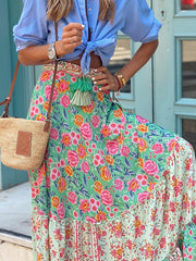 Inrosy longue jupe géométrique imprimé à fleurie à volantée fluide coulisse taille femme bohème décontracté