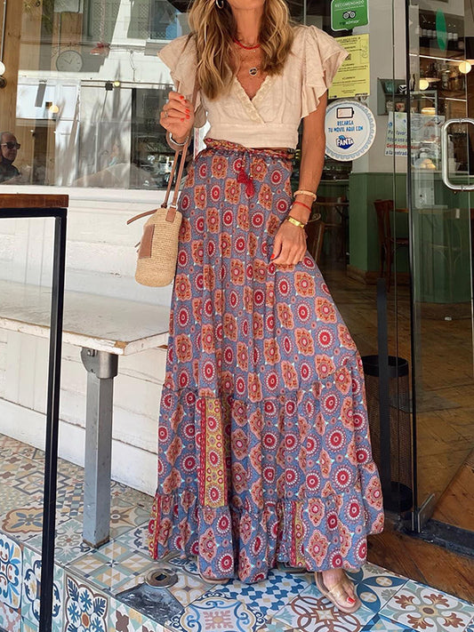 Inrosy longue jupe géométrique imprimé à fleurie à volantée fluide coulisse taille femme bohème décontracté