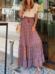 Inrosy longue jupe géométrique imprimé à fleurie à volantée fluide coulisse taille femme bohème décontracté