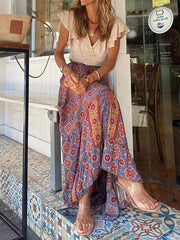 Inrosy longue jupe géométrique imprimé à fleurie à volantée fluide coulisse taille femme bohème décontracté