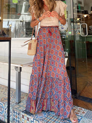 Inrosy longue jupe géométrique imprimé à fleurie à volantée fluide coulisse taille femme bohème décontracté