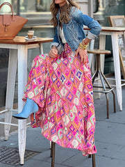 Inrosy longue jupe géométrique imprimé à fleurie à volantée fluide coulisse taille femme bohème décontracté