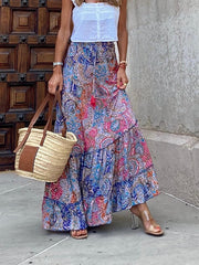 Inrosy longue jupe géométrique imprimé à fleurie à volantée fluide coulisse taille femme bohème décontracté