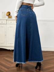 Inrosy longue jupe en jean fluide frange boutons poches femme mode décontracté