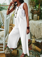 Inrosy salopette une pièce larges jambes évasé lin boutons sans manches femme mode ample décontracté