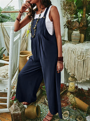 Inrosy salopette une pièce larges jambes évasé lin boutons sans manches femme mode ample décontracté