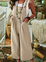 Inrosy salopette une pièce larges jambes évasé lin boutons sans manches femme mode ample décontracté