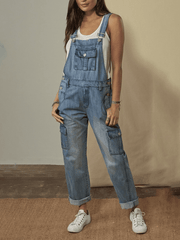 Inrosy salopette en jean droit boutons poches décolleté dos bretelle femme casual style boyfriend décontracté combinaison