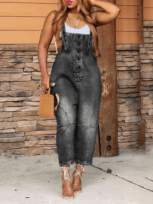 Inrosy salopette en jean larges jambes évasé boutonnage poches sans manches femme mode décontracté