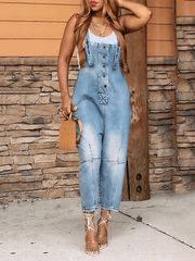 Inrosy salopette en jean larges jambes évasé boutonnage poches sans manches femme mode décontracté