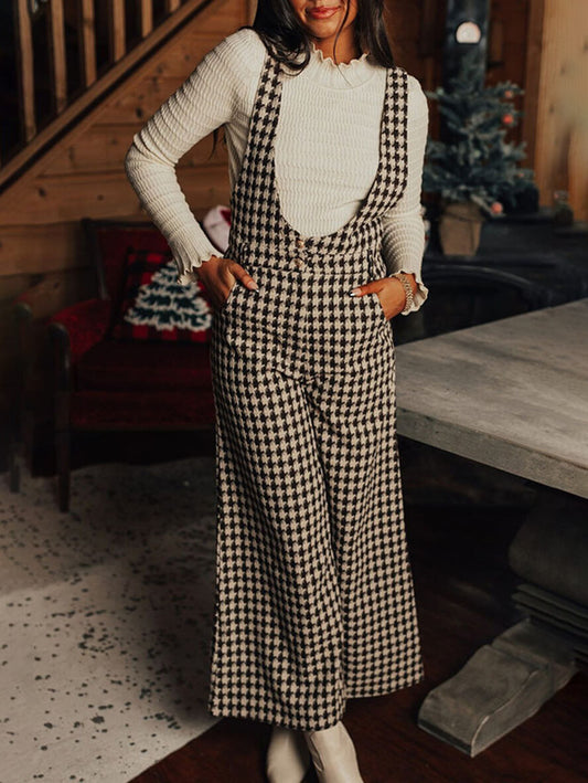 Inrosy salopette bretelle larges jambes évasé carreaux poches femme élégant mode ample décontracté combinaison