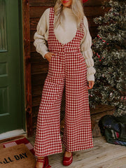 Inrosy salopette bretelle larges jambes évasé carreaux poches femme élégant mode ample décontracté combinaison