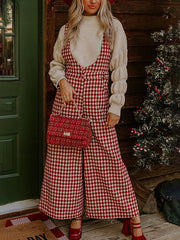 Inrosy salopette bretelle larges jambes évasé carreaux poches femme élégant mode ample décontracté combinaison