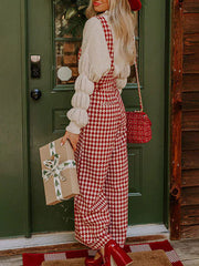 Inrosy salopette bretelle larges jambes évasé carreaux poches femme élégant mode ample décontracté combinaison