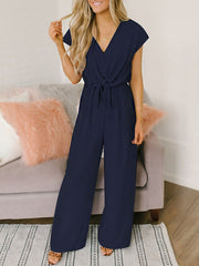 Inrosy combinaisons une pièce larges jambes évasé noeud papillon ceinture dos nu v-cou manches courtes femme décontracté