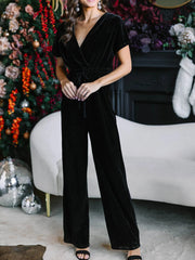 Inrosy velours combinaisons larges jambes évasé v-cou manches courtes femme élégant mode décontracté noël