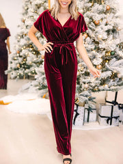 Inrosy velours combinaisons larges jambes évasé v-cou manches courtes femme élégant mode décontracté noël