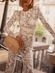 Inrosy combinaisons dentelle ceinture col rond manches longues flare évasé pantalons femme élégant décontracté vintage