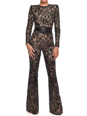 Inrosy combinaisons dentelle ceinture col rond manches longues flare évasé pantalons femme élégant décontracté vintage