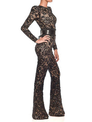 Inrosy combinaisons dentelle ceinture col rond manches longues flare évasé pantalons femme élégant décontracté vintage