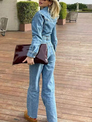 Inrosy combinaison femme pompiste droit en jean col revers v cou boutonnage poches femme style boyfriend mode bas