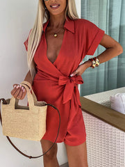 Inrosy courte combinaisons v-cou col chemise ceinture manches courtes femme décontracté mode lâche de plage