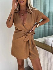 Inrosy courte combinaisons v-cou col chemise ceinture manches courtes femme décontracté mode lâche de plage