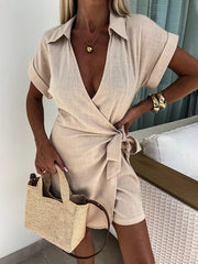 Inrosy courte combinaisons v-cou col chemise ceinture manches courtes femme décontracté mode lâche de plage