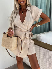 Inrosy courte combinaisons v-cou col chemise ceinture manches courtes femme décontracté mode lâche de plage