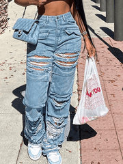 Inrosy longue pantalons en jeans droit déchiré troué genou découpé boutons poches mi taille femme mode décontracté