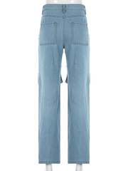 Inrosy longue pantalons en jeans droit déchiré troué genou découpé boutons poches mi taille femme mode décontracté