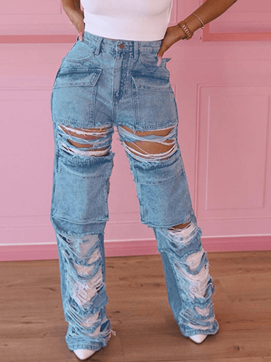 Inrosy longue pantalons en jeans droit déchiré troué genou découpé boutons poches mi taille femme mode décontracté