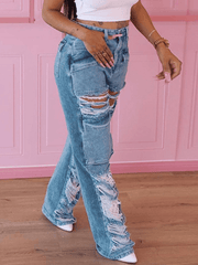 Inrosy longue pantalons en jeans droit déchiré troué genou découpé boutons poches mi taille femme mode décontracté
