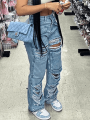 Inrosy longue pantalons en jeans droit déchiré troué genou découpé boutons poches mi taille femme mode décontracté