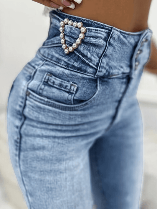 Inrosy pantalon en jeans slim fitness boutonnage poches pearl fermeture éclair taille haute femme casual mode