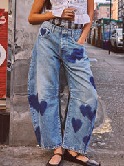 Inrosy pantalons en jean droit coeur poches fermeture éclair mi taille femme casual style boyfriend lâche ample décontracté