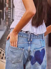 Inrosy pantalons en jean droit coeur poches fermeture éclair mi taille femme casual style boyfriend lâche ample décontracté