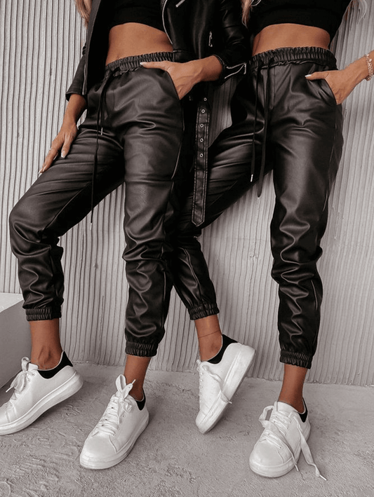 Inrosy pantalon carotte slim fitness simili cuir poches coulisse taille femme mode décontracté legging