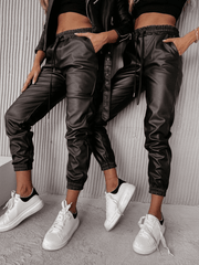 Inrosy pantalon carotte slim fitness simili cuir poches coulisse taille femme mode décontracté legging