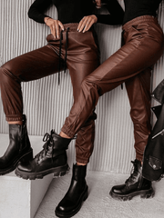 Inrosy pantalon carotte slim fitness simili cuir poches coulisse taille femme mode décontracté legging