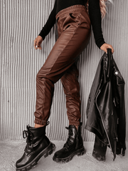 Inrosy pantalon carotte slim fitness simili cuir poches coulisse taille femme mode décontracté legging