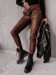 Inrosy pantalon carotte slim fitness simili cuir poches coulisse taille femme mode décontracté legging