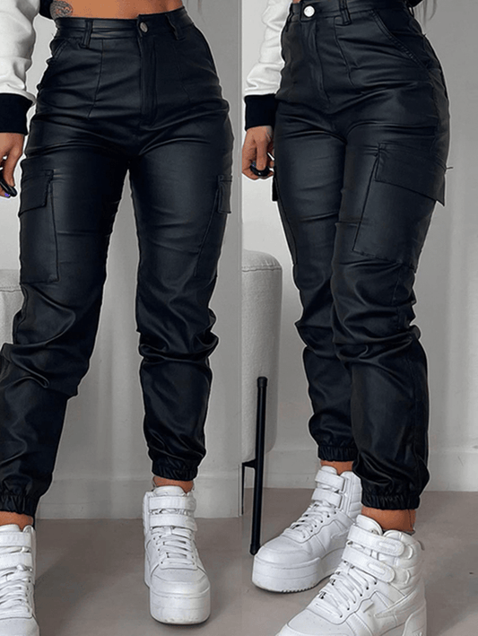 Inrosy pantalons slim fitness en cuir PU boutons poches fermeture éclair femme sport mode décontracté