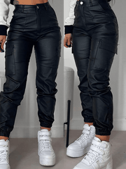 Inrosy pantalons slim fitness en cuir PU boutons poches fermeture éclair femme sport mode décontracté