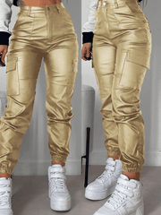 Inrosy pantalons slim fitness en cuir PU boutons poches fermeture éclair femme sport mode décontracté