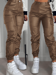 Inrosy pantalons slim fitness en cuir PU boutons poches fermeture éclair femme sport mode décontracté
