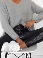 Inrosy leggings slim fitness crocodile simili cuir fermeture éclair taille haute femme mode décontracté pantalons noir