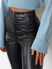 Inrosy leggings slim fitness crocodile simili cuir fermeture éclair taille haute femme mode décontracté pantalons noir