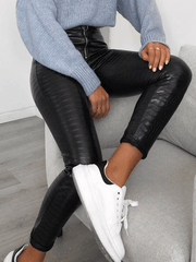 Inrosy leggings slim fitness crocodile simili cuir fermeture éclair taille haute femme mode décontracté pantalons noir